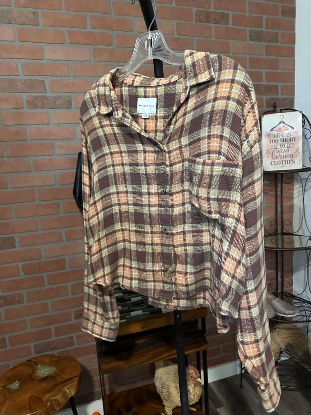 American Eagle Outfitters Brown Plaid Button-Up Shacket